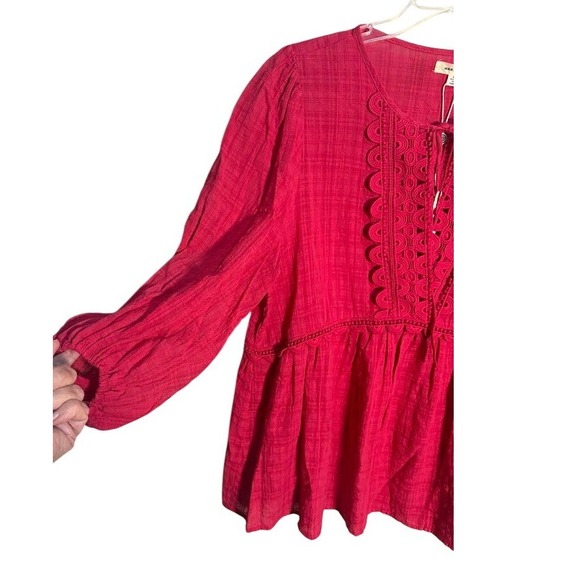MAX STUDIO Cerise Pink Lace Trim Peasant Blouse Top Womens Large L NWT - Picture 4 of 11